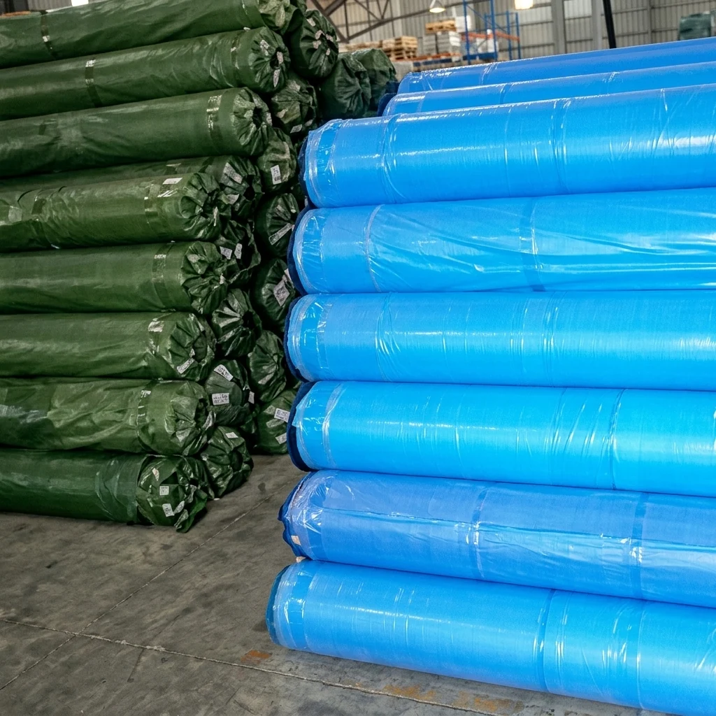 Blue and surgical-green fabric rolls