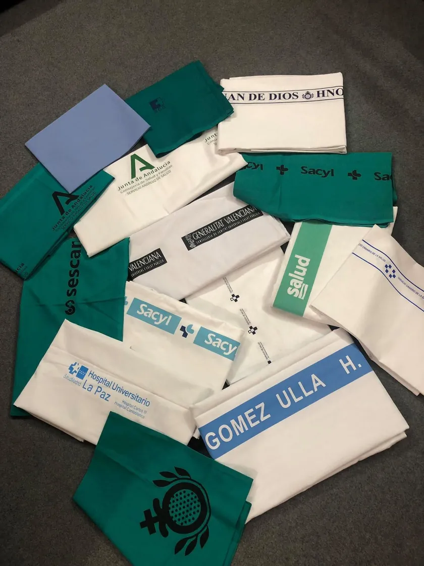 Custom-marked cotton hospital linen product samples